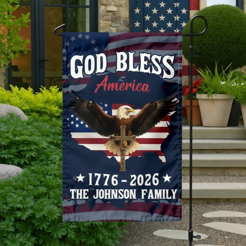 Custom Family Name Patriotic 250th Anniversary God Bless America Eagle 1776–2026 Garden Flag
