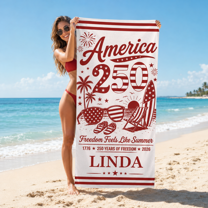 Personalized America 250 Freedom Summer Beach Towel – Custom Name Patriotic Quick-Dry Towel