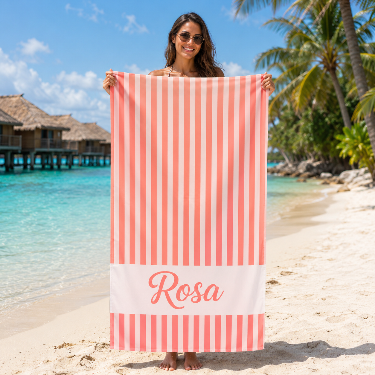 Personalized Coastal Stripe Beach Towel – Custom Name Quick-Dry Summer Towel