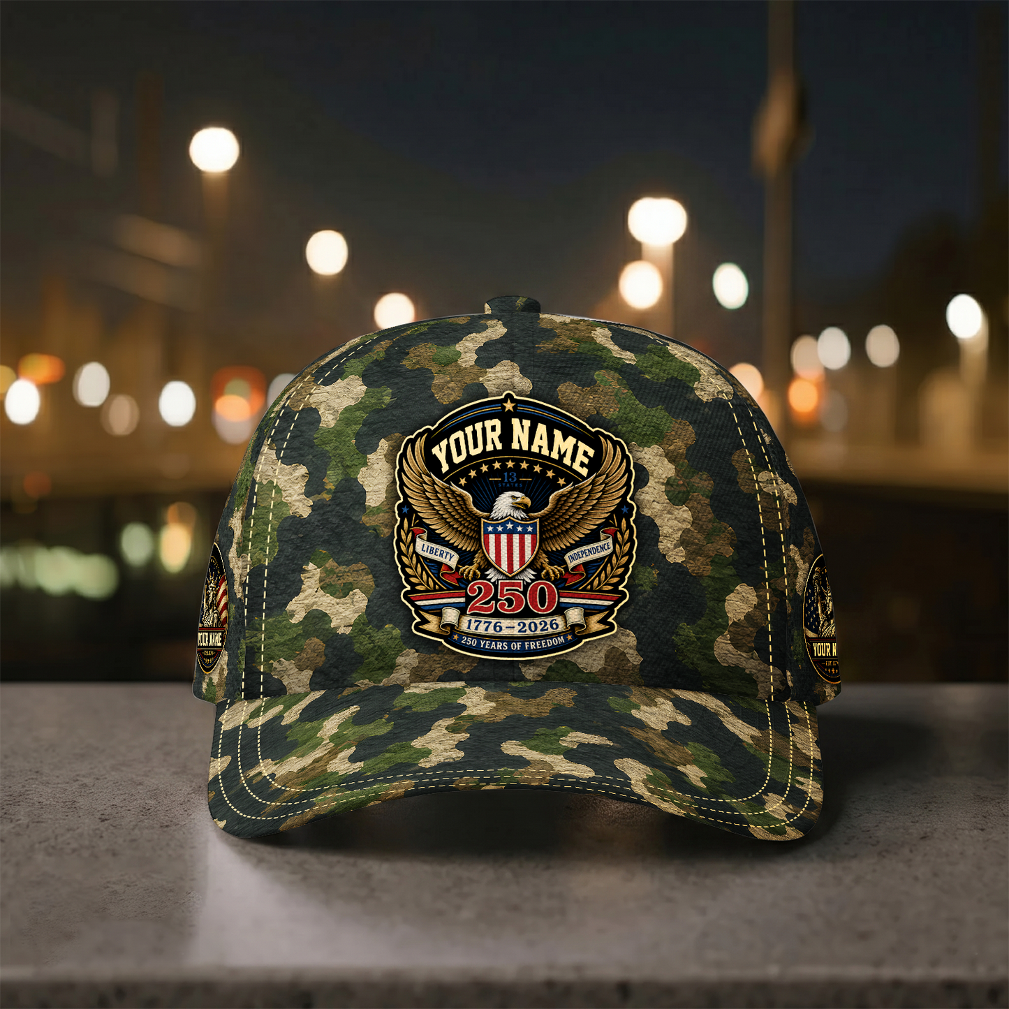 Personalized 250 Years Freedom Camo Cap – Custom Name Patriotic Eagle Hat