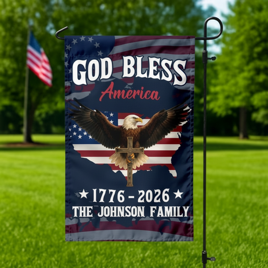 Custom Family Name Patriotic 250th Anniversary God Bless America Eagle 1776–2026 Garden Flag