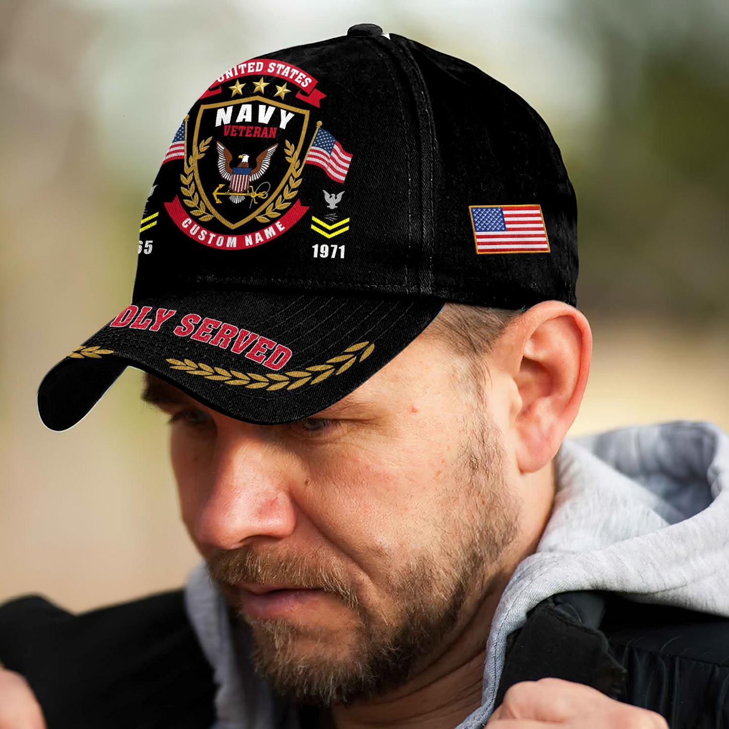 Personalized U.S. Navy Veteran Cap – Custom Name, Rank & Years of Service