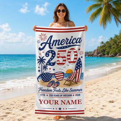 Personalized America 250 Freedom Summer Beach Towel – Custom Name Patriotic Quick-Dry Towel