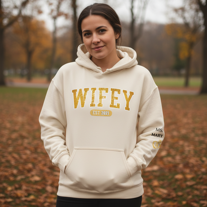 Custom Unisex Hoodie With Design On Sleeve - Personalized Anniversary Wedding Gifts For Husband And Wife, Him And Her