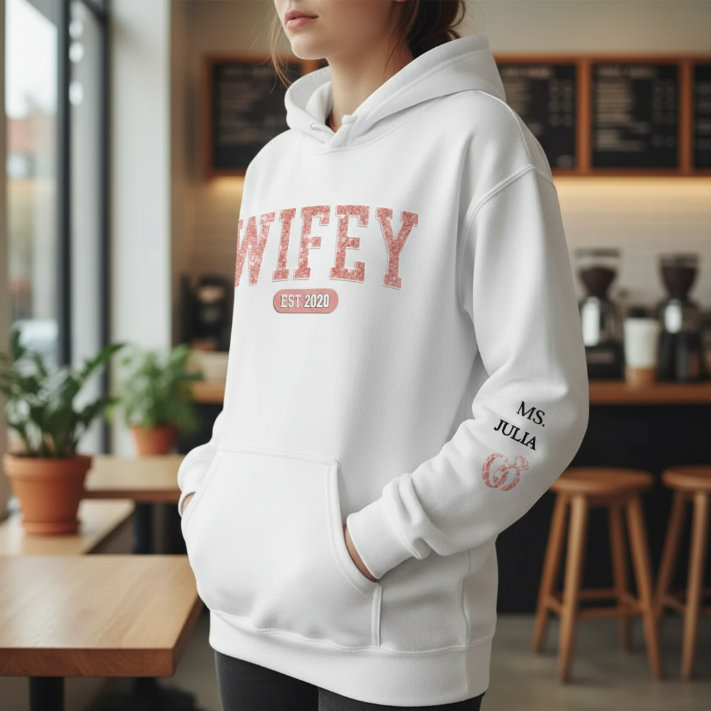 Custom Unisex Hoodie With Design On Sleeve - Personalized Anniversary Wedding Gifts For Husband And Wife, Him And Her