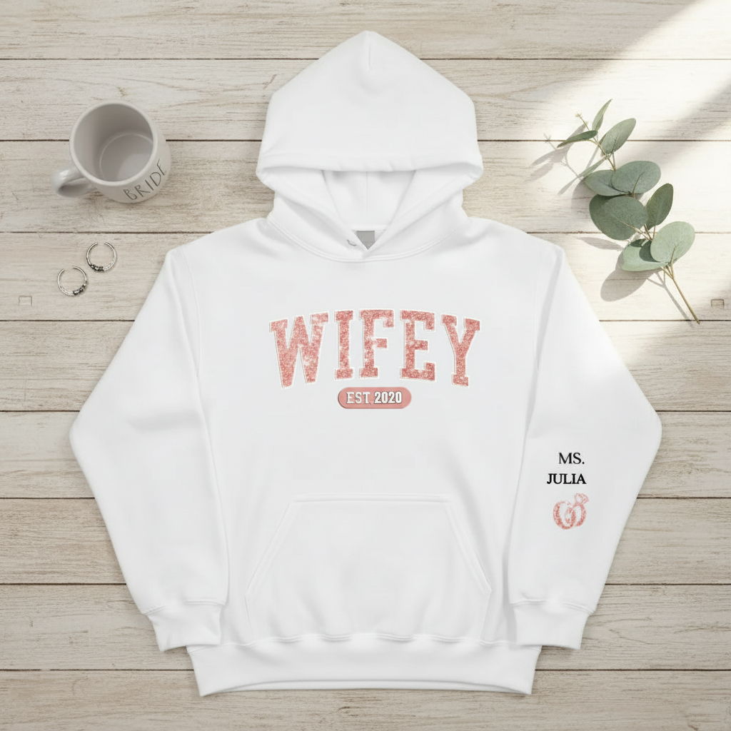 Custom Unisex Hoodie With Design On Sleeve - Personalized Anniversary Wedding Gifts For Husband And Wife, Him And Her
