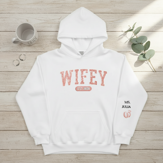 Custom Unisex Hoodie With Design On Sleeve - Personalized Anniversary Wedding Gifts For Husband And Wife, Him And Her