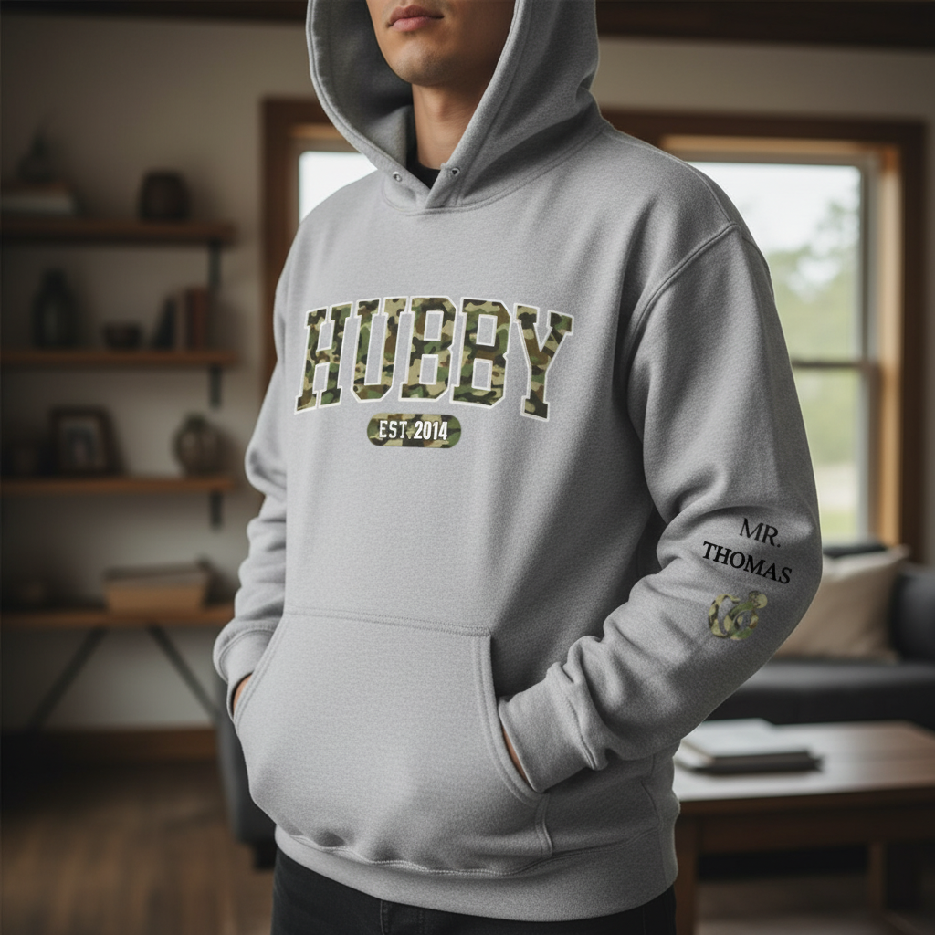 Custom Unisex Hoodie With Design On Sleeve - Personalized Anniversary Wedding Gifts For Husband And Wife, Him And Her