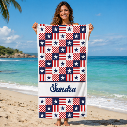 Personalized Patriotic Stars & Stripes Beach Towel – Custom Name Quick-Dry Summer Towel