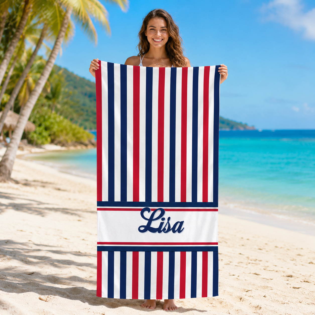 Personalized Patriotic Stars & Stripes Beach Towel – Custom Name Quick-Dry Summer Towel