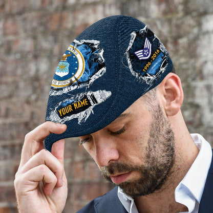 Custom U.S. Air Force Veteran Jeff Cap – Name, Rank & Service Years Personalized - Distressed denim pattern