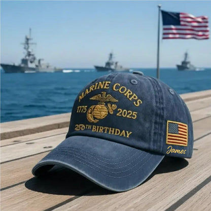 Custom Name Marine Corps 250th Birthday Hat – 1775–2025 USMC Eagle Globe Anchor Embroidered Cap, Personalized Gift for Veterans