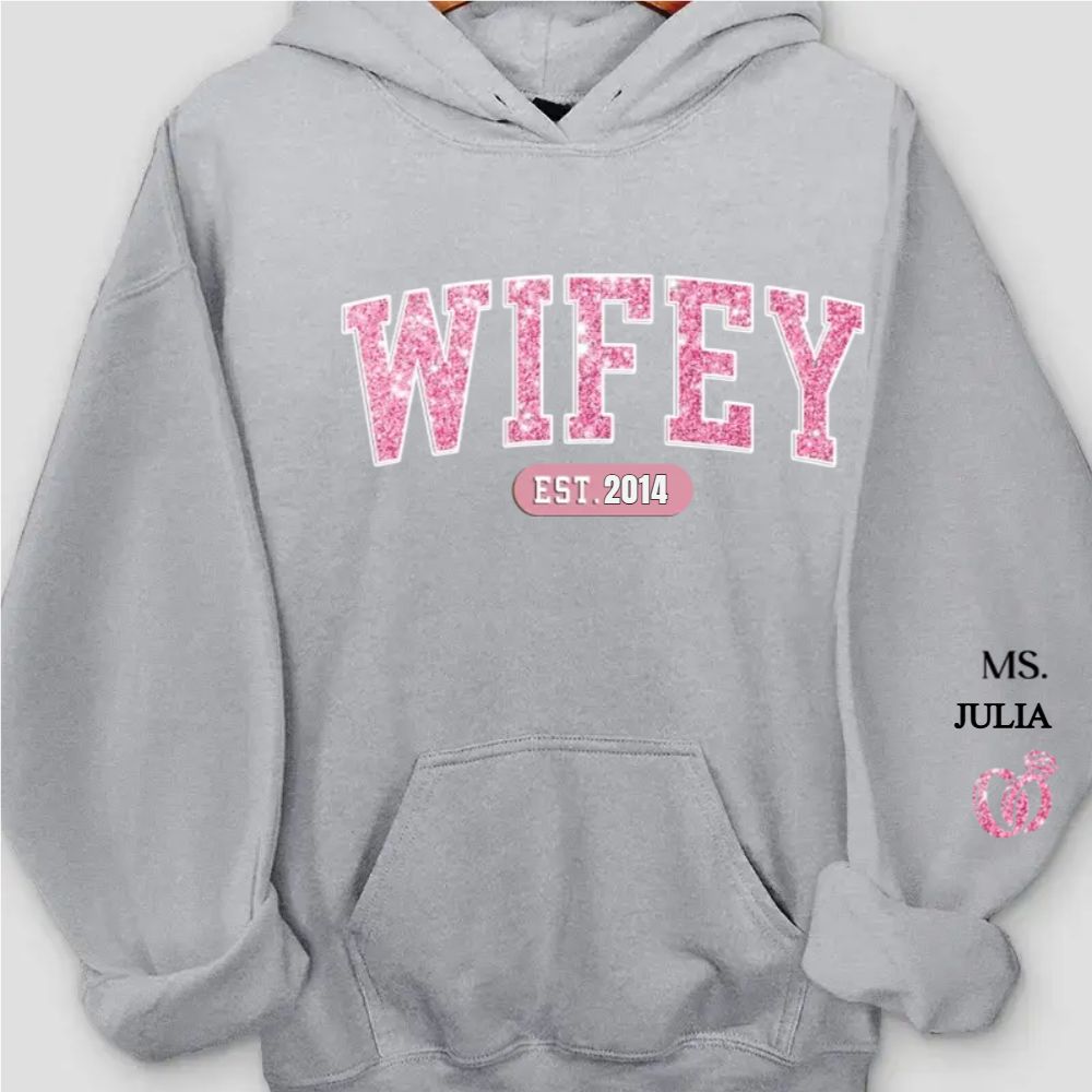 Custom Unisex Hoodie With Design On Sleeve - Personalized Anniversary Wedding Gifts For Husband And Wife, Him And Her