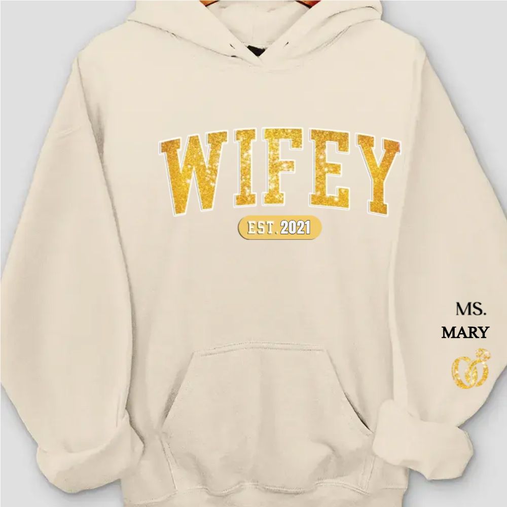 Custom Unisex Hoodie With Design On Sleeve - Personalized Anniversary Wedding Gifts For Husband And Wife, Him And Her
